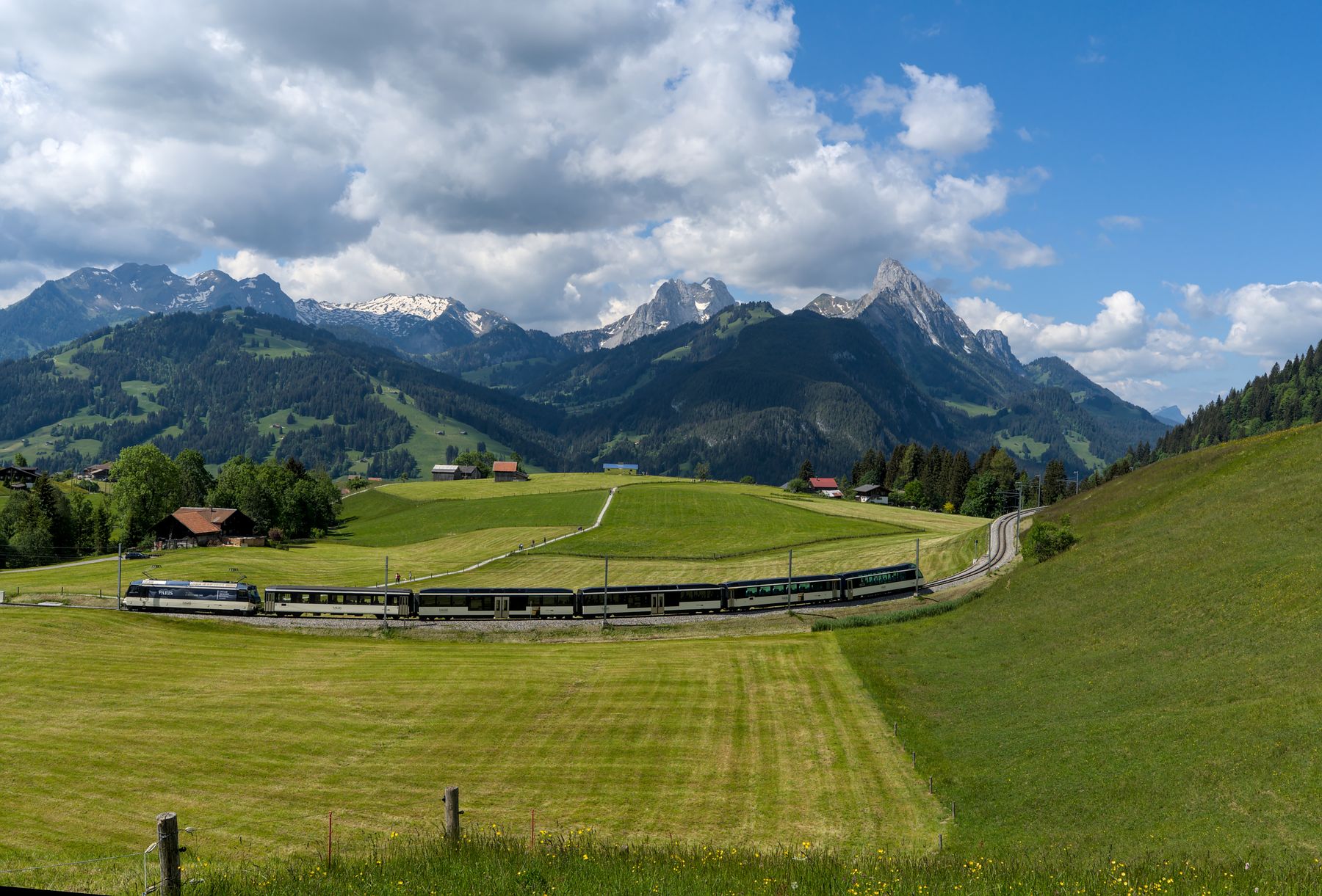 Tàu đi qua thung lũng vùng Alps, Thụy Sĩ.