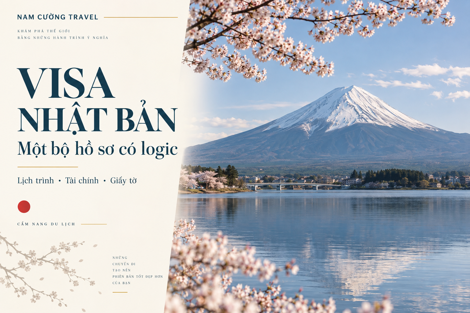 Bìa thiết kế Visa Nhật Bản: Một bộ hồ sơ có logic; hình minh họa Phú Sĩ được tạo bằng AI